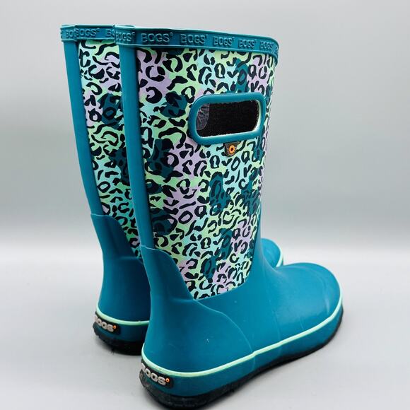 Bogs Boots Youth Girls 3 Blue Leopard Print Waterproof Rain Mid Calf Handles - Picture 7 of 10